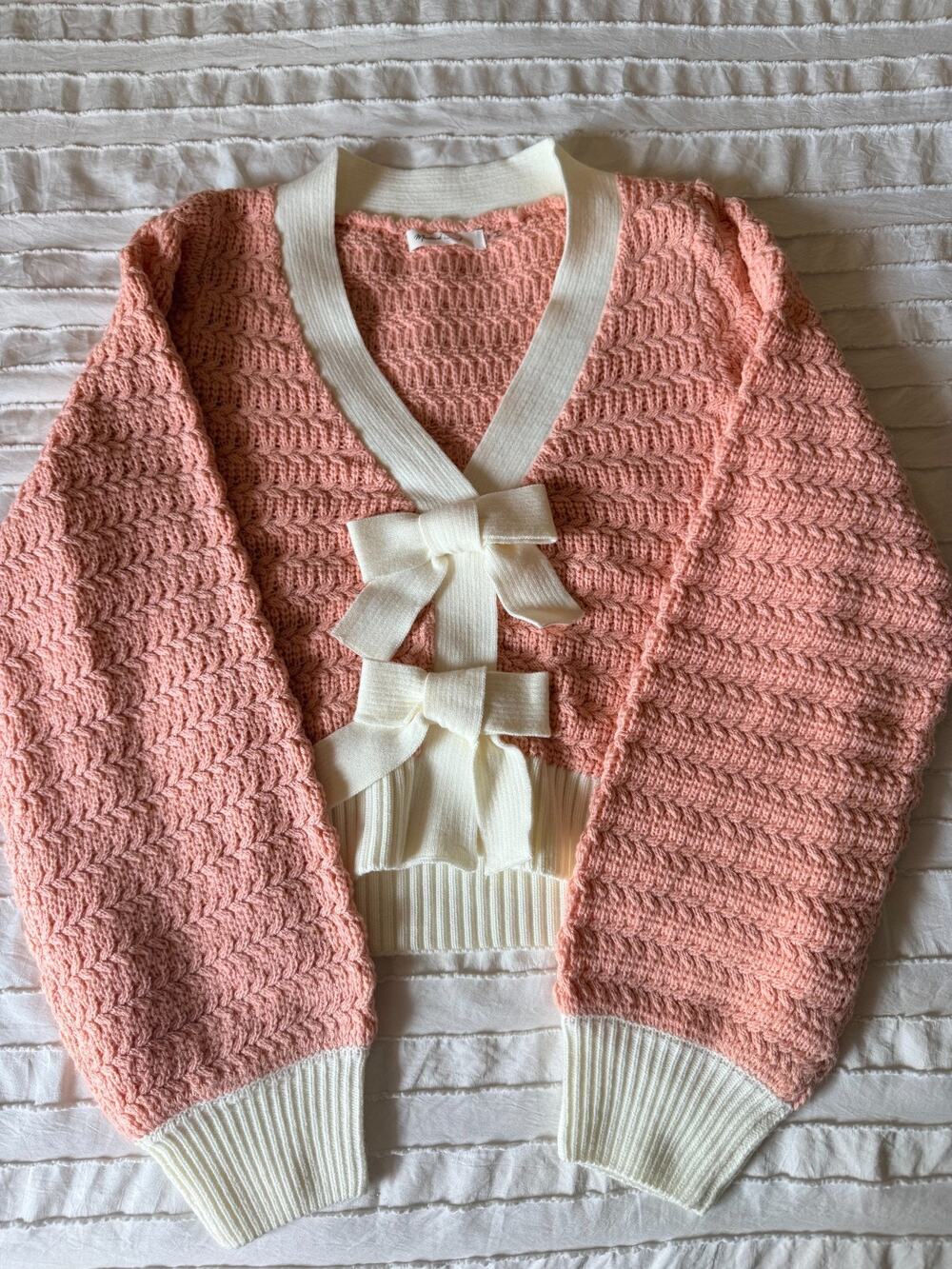 Mustard Seed Pink Bow Cardigan Small Coquette Balletcore Knit Sweater Ivory